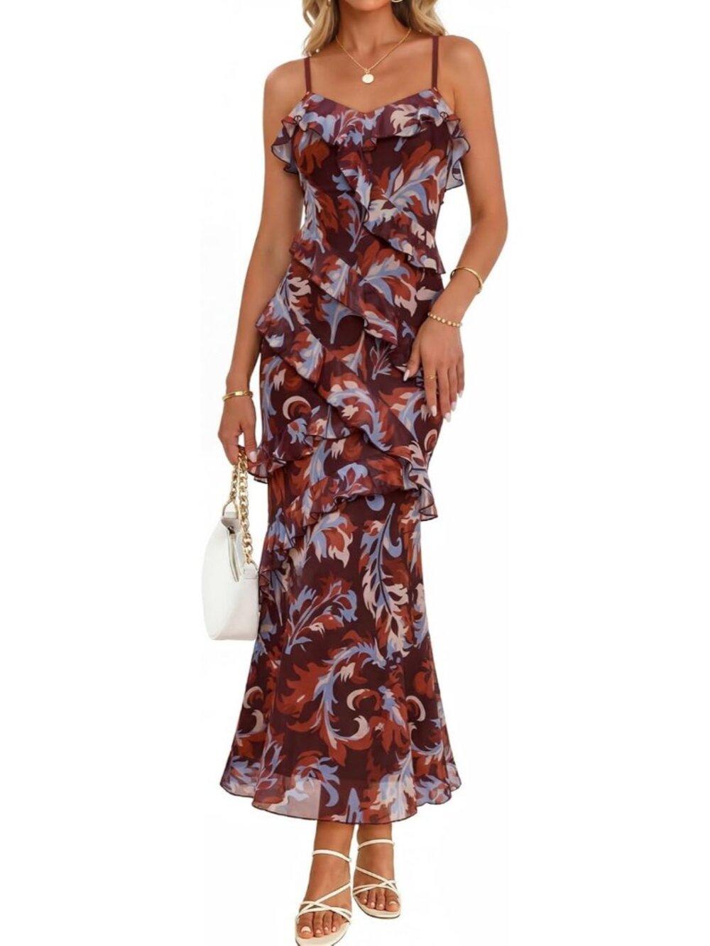 Women's Brown Shoulder Sleeve V Neck High Waist Backless Wedding Dress